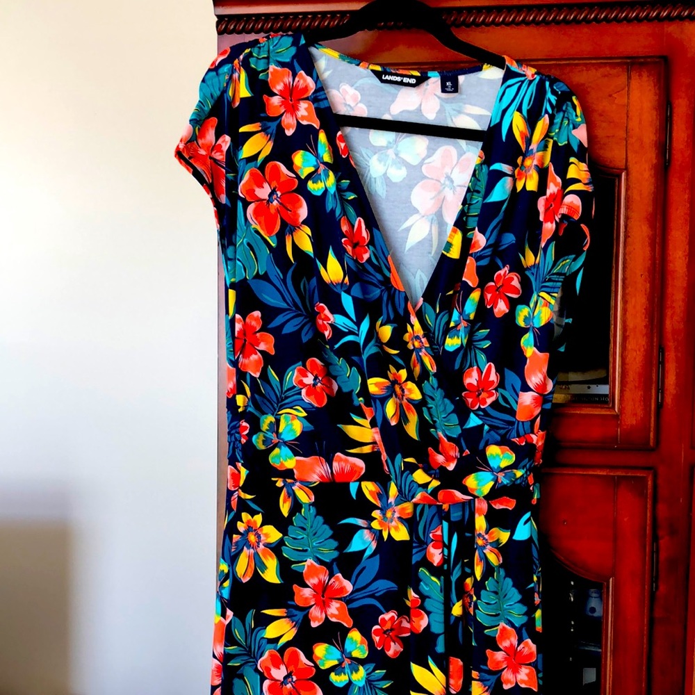 Lands End cap sleeve dress cotton floral Maxidress 18” across 56” length